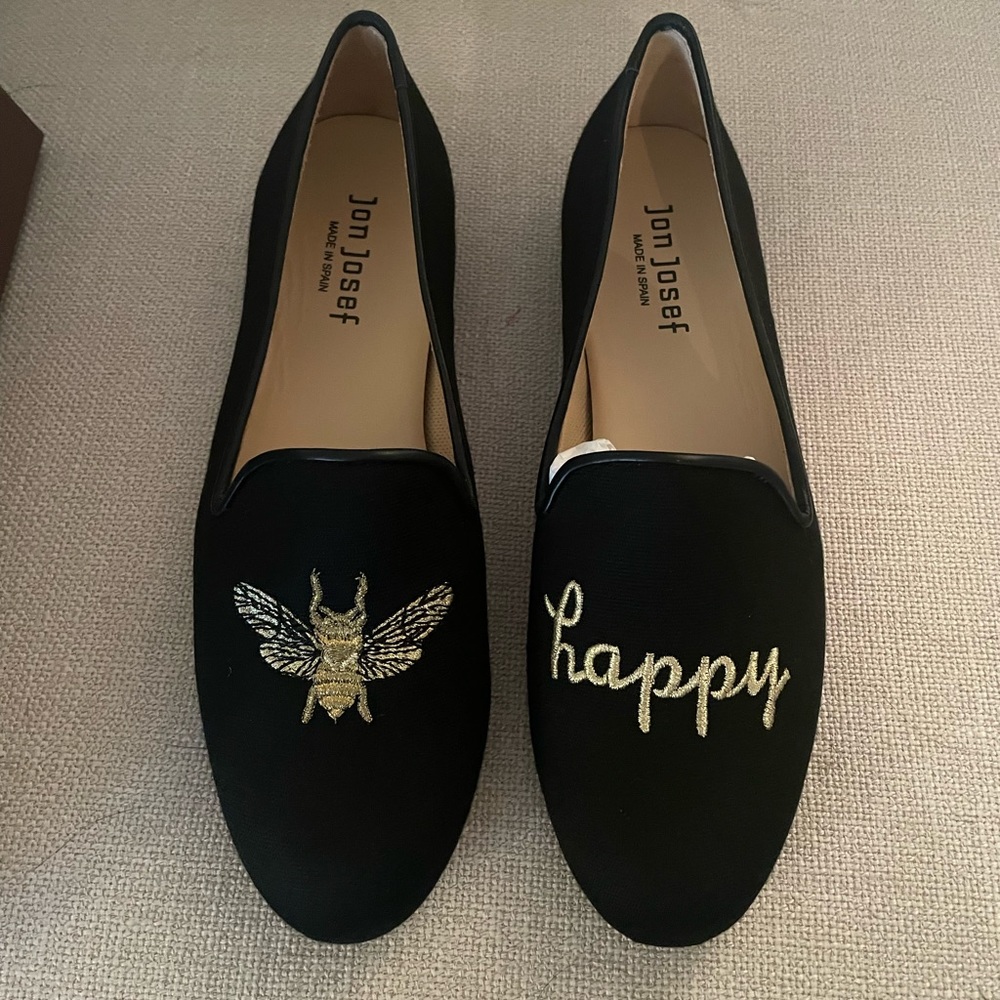 Jon Josef women’s Bee Happy loafers, size 8, black with gold